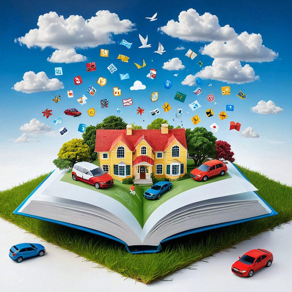 A visually captivating open book with vibrant illustrations of various insurance symbols like houses, cars, and health icons floating around it, representing the concept of comprehensive coverage. In the background, a serene landscape symbolizes peace of mind, with a keyhole revealing a bright future through it. The scene is infused with warm, inviting colors to evoke trust and security. super-realistic. vibrant colors. white background.