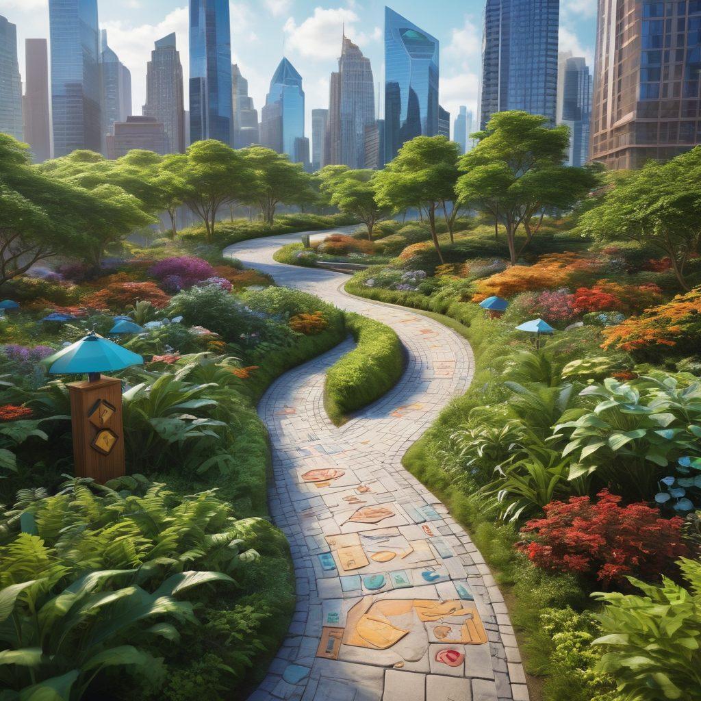 A detailed landscape illustrating a winding path through various insurance symbols like policy documents, shields, and premium tags, surrounded by vibrant greenery and modern skyscrapers in the background. The path leads towards a bright horizon indicating clarity and understanding of insurance. Include a diverse group of people discussing together along the path, symbolizing collaborative navigation through the insurance world. super-realistic. vibrant colors. 3D.